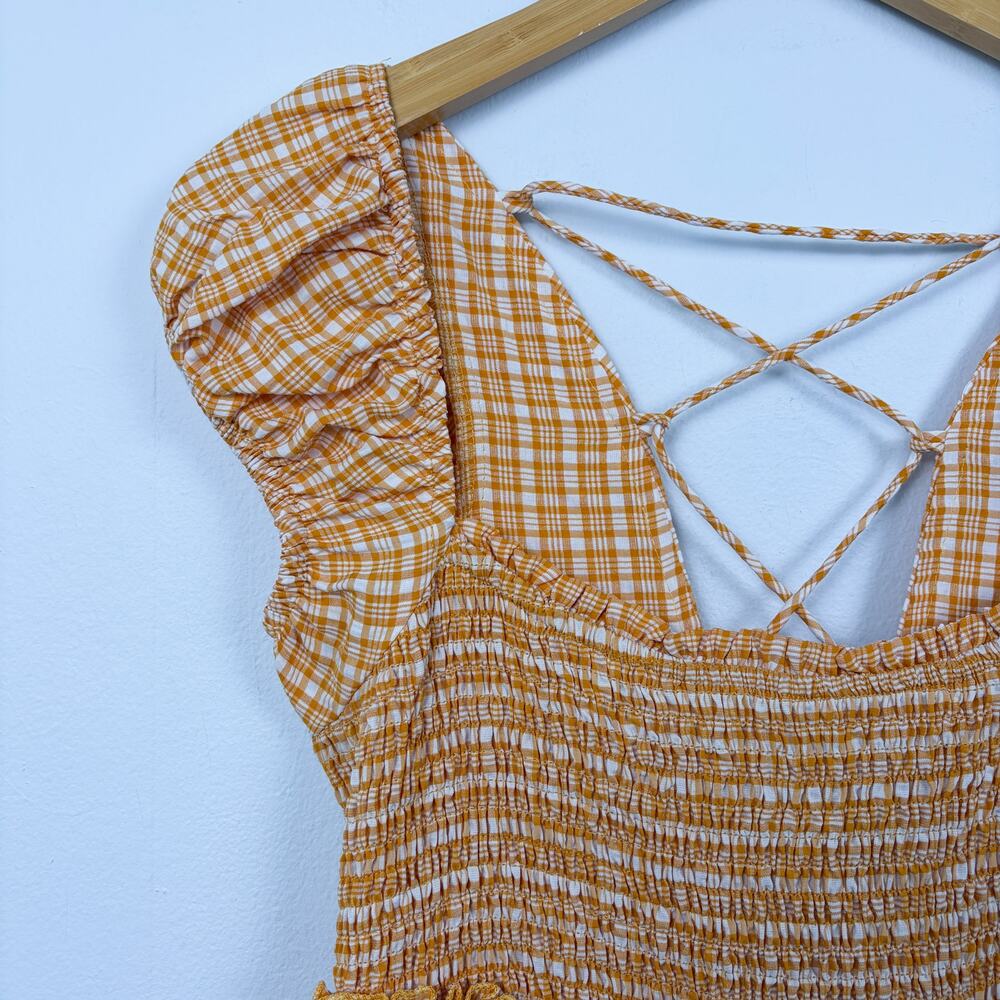 Free People Daphne Novelty Smocked Gingham Mini Dress Orange S - Picture 3 of 5